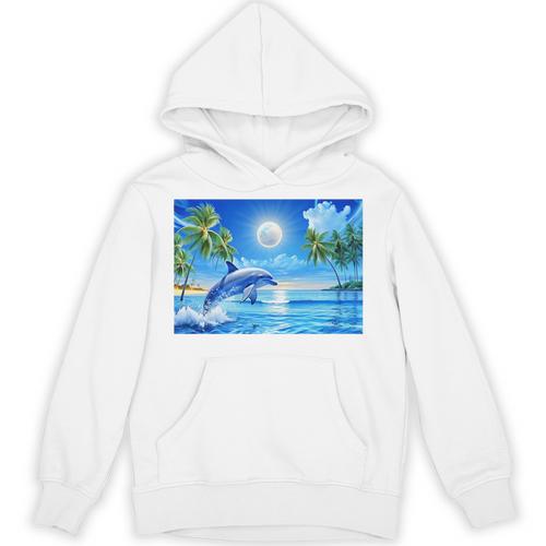 Frutiger Aero Dolphin Sunset Ocean With Palm Trees Y2k Premium Unisex Hoodie - Figerry