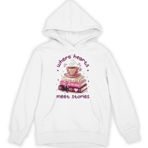 Where Hearts Groovy Meet Stories Coffee Books Valentines Day Unisex Hoodie - Bookorys AU