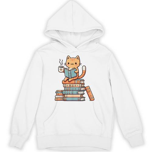 Kawaii Cat Coffee Books Teacher Men Women Girls Kids Unisex Hoodie - Bookorys AU