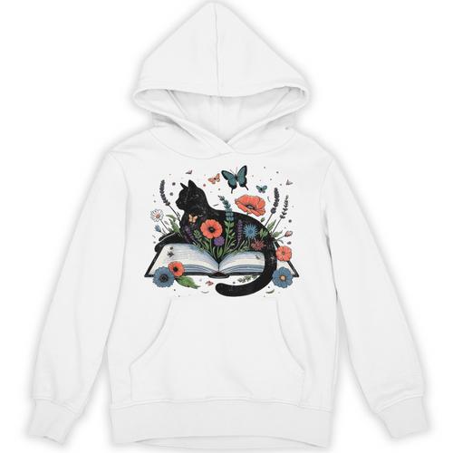 Retro Cute Cat Floral Book Librarian Vintage Floral Cat Book Unisex Hoodie - Bookorys CA