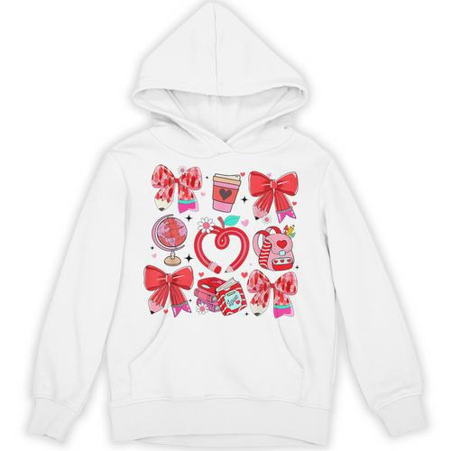 Valentine Teacher Coquette Bow Pencil Heart Book Girl Women Unisex Hoodie - Bookorys DE