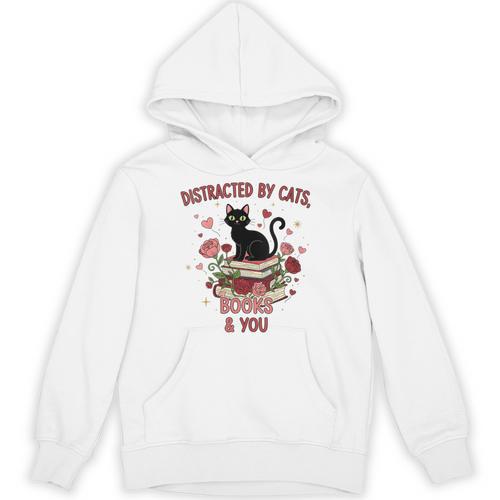 Women's Cat Books Romantic Floral Aesthetic Book Lover Cat Owner Unisex Hoodie - Bookorys