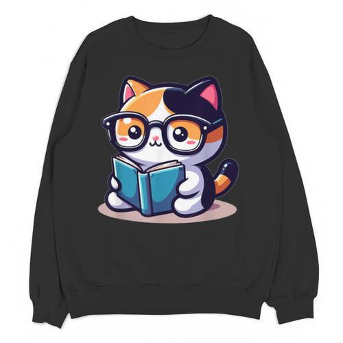 Adorable Book Lover Calico Cat With Reading Glasses Cute For Men Women Kids Unisex Sweatshirt - Bookorys AU