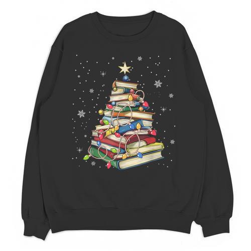 Book Christmas Tree Teacher Book Lover Crew Neck Modern Classic Christmas Small Short Sleeve -Adults -Kids Unisex Sweatshirt - Bookorys