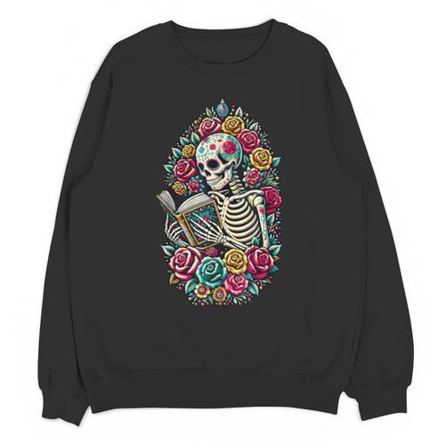 Book Lover Skeleton Reading With Dia De Los Muertos Flowers Unisex Sweatshirt - Bookorys DE