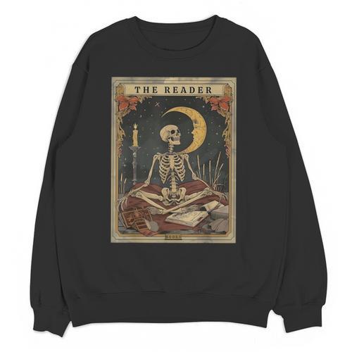 Books Lover Book Novels Reading Halloween Costumes Cottagecore Skeleton Aesthetic Tarot Card The Reader Graphic Unisex Sweatshirt - Bookorys
