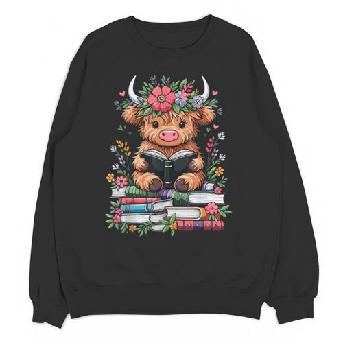 Bookworm Cute Baby Highland Cow Reading Book Unisex Sweatshirt - Bookorys