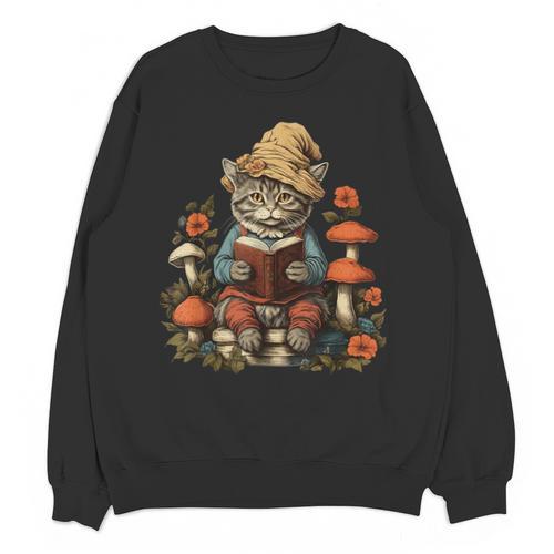 Cat Cottagecore Shirt Mushroom Cute Cat Reading Book Women Unisex Sweatshirt - Bookorys UK