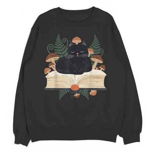 Cat On Open Book Mushrooms Ferns Dark Academia Unisex Sweatshirt - Bookorys AU