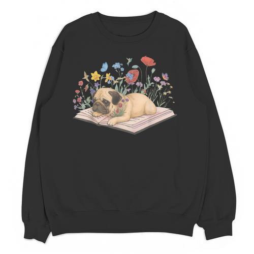 Color Floral Cute Pug Dog On Book Reading Bookworm Reader Unisex Sweatshirt - Bookorys