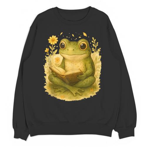Cottagecore Whimsical Green Frog Peacefully Reading Book Unisex Sweatshirt - Bookorys AU