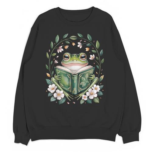 Cottagecore Whimsical Green Frog Read A Book Nature Flowers Unisex Sweatshirt - Bookorys UK