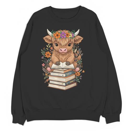 Cute Baby Highland Cow Reading Book Librarian Bookworm Unisex Sweatshirt - Bookorys