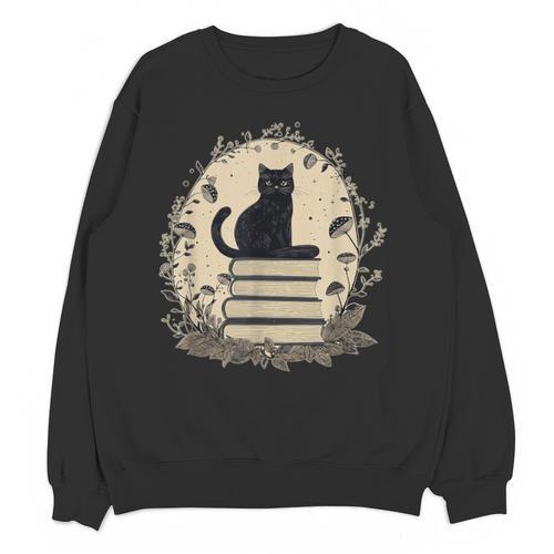 Cute Cat Sitting On Books With Mushrooms Cottage Core Unisex Sweatshirt - Bookorys AU