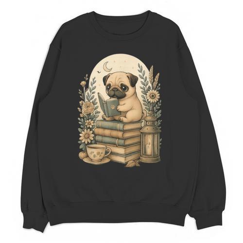 Cute Cottagecore Aesthetic Dog Pug Reading Book Nerd Unisex Sweatshirt - Bookorys DE