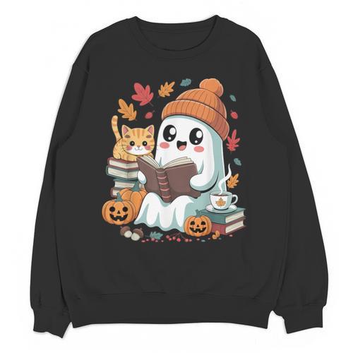 Cute Cozy Ghost Reading With Cat Book Lover Autumn Fall Unisex Sweatshirt - Bookorys
