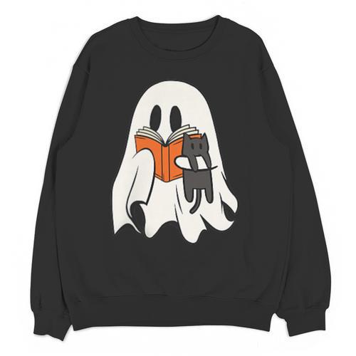 Cute Ghost Cat Reading Book Spooky Season Halloween Costume Unisex Sweatshirt - Bookorys