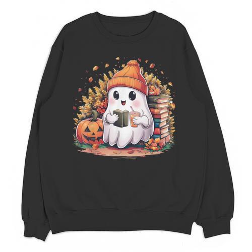 Cute Ghost Drinking Coffee Halloween Reading Book Retro Unisex Sweatshirt - Bookorys