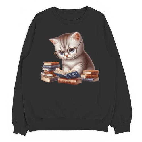 Cute Kitten Bookworm Adorable Cat With Glasses Reading Book Unisex Sweatshirt - Bookorys