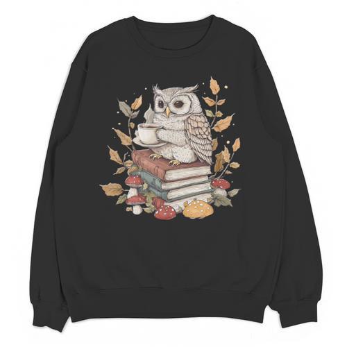 Cute Owl Sitting On Books With Coffee Cottage Core Unisex Sweatshirt - Bookorys CA
