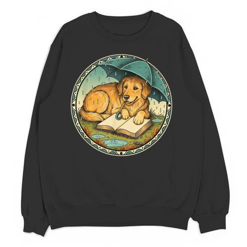 Dog Reading Book Rain Cozy Umbrella Cute Art Men Unisex Sweatshirt - Bookorys