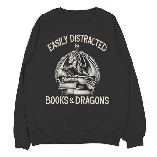 Easily Distracted By Books And Dragons Book Dragon Lover Unisex Sweatshirt - Bookorys