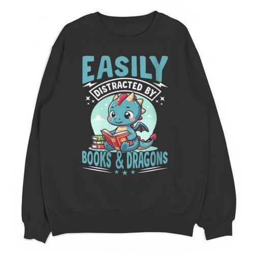 Easily Distracted By Books And Dragons Nerds Unisex Sweatshirt - Bookorys UK