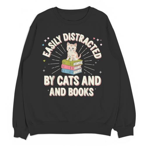 Easily Distracted By Cats & Books Tee Reader Book Worm Unisex Sweatshirt - Bookorys AU