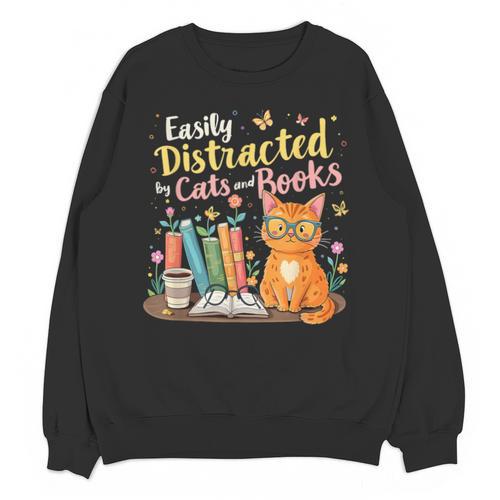 Easily Distracted By Cats And Books Book & Cat Lover Unisex Sweatshirt - Bookorys CA