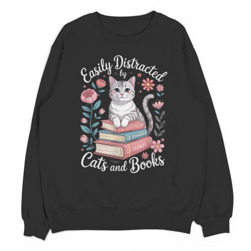 Easily Distracted By Cats And Books Reading Unisex Sweatshirt - Bookorys