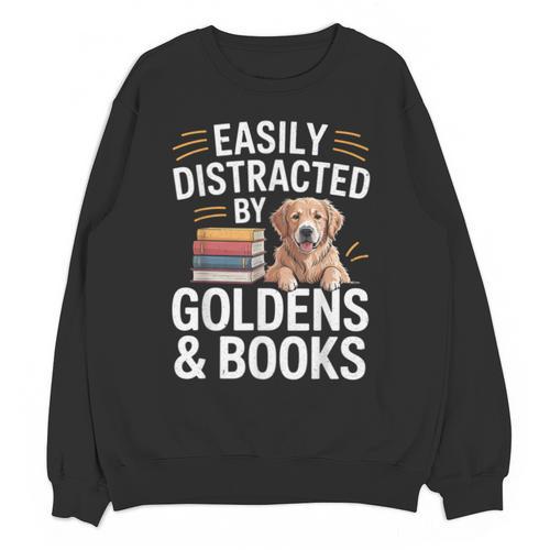 Easily Distracted By Goldens & Books Golden Retriever Dog Unisex Sweatshirt - Bookorys CA