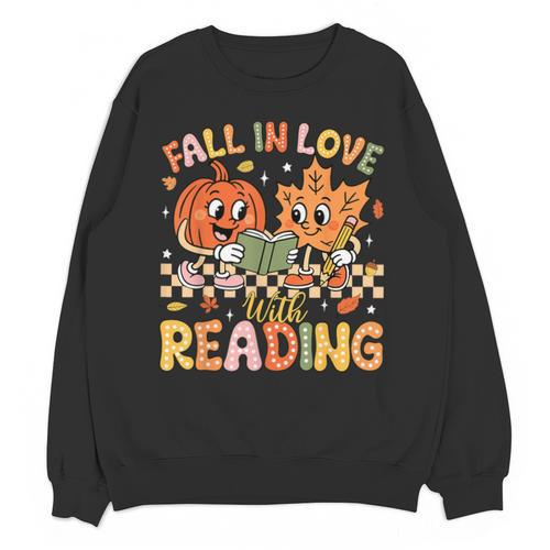 Fall In Love With Reading Autumn Pumpkin Teacher Book Lover Unisex Sweatshirt - Bookorys
