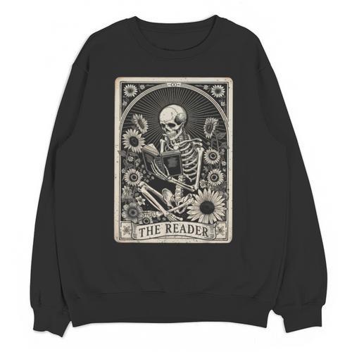 Floral The Reader Tarot Card Skeleton Reading Book Unisex Sweatshirt - Bookorys