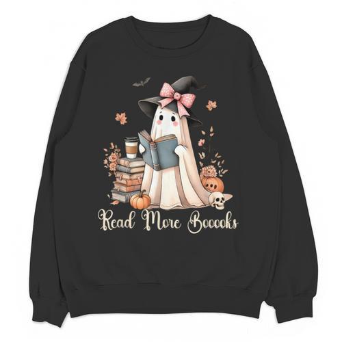 Ghost Reading Book Coquette Bow Halloween Girl Kid Teacher Unisex Sweatshirt - Bookorys CA