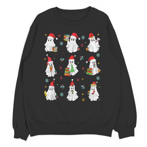 Ghosts Wearing Santa Hats Reading Books Christmas Book Lover Unisex Sweatshirt - Bookorys DE