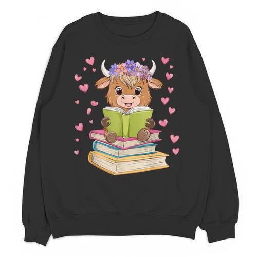 Highland Cow Reading Book Floral Bookworm Unisex Sweatshirt - Bookorys