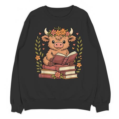 Highland Cow Reading Book Graphic Cow With Book Floral Unisex Sweatshirt - Bookorys