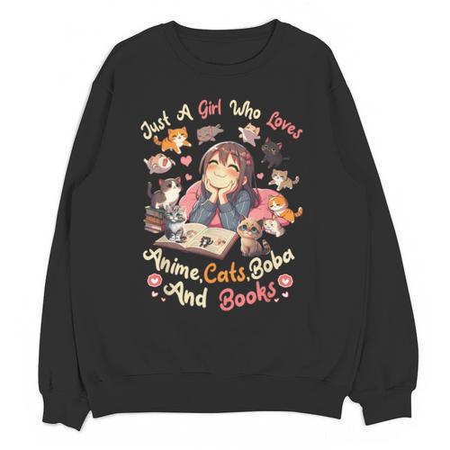 Just Girl Who Loves Anime Cats Boba And Books Bubble Tea Unisex Sweatshirt - Bookorys DE