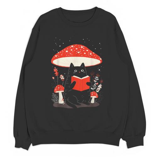Kawaii Cottagecore Mushroom Cat Reading a Book Unisex Sweatshirt - Bookorys AU