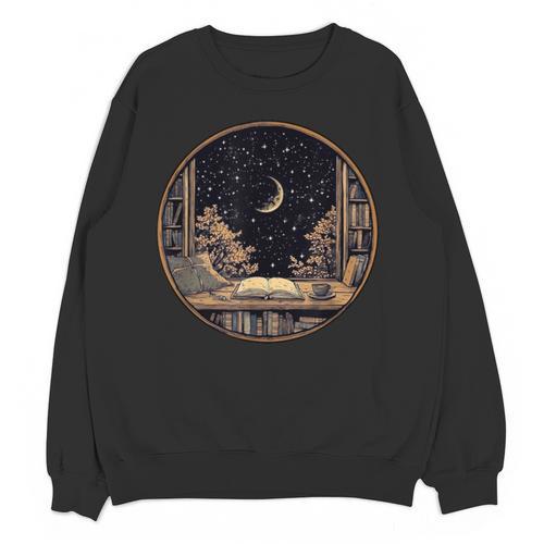 Moon Book Bookshelf Library Coffee Cup Star Stars Pattern Unisex Sweatshirt - Bookorys CA
