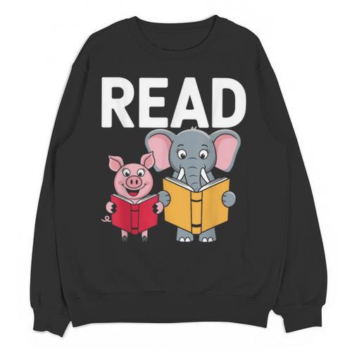 Pig Elephant Reading Cute Book Lover Bookworm Boys Girls Kid Unisex Sweatshirt - Bookorys