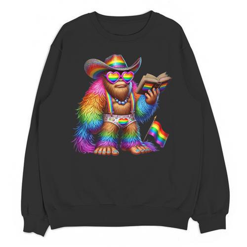 Rainbow Pride Bigfoot Reading Book With Heart Glasses Unisex Sweatshirt - Bookorys CA