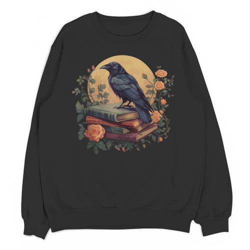 Raven Reading Book Occult Crow Cottagecore Botanical Flowers Unisex Sweatshirt - Bookorys DE