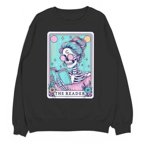 The Reader Retro Reading Skeleton Books Flowers Tarot Card Unisex Sweatshirt - Bookorys