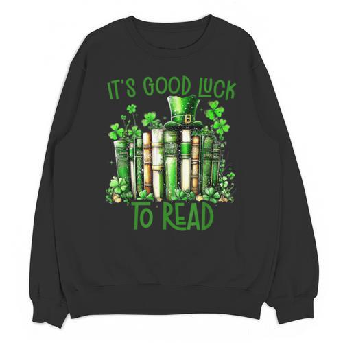 Retro Book Lucky Reading Teacher St Patrick's Day -Adults Small Cotton Blend Polyester Blend Short Sleeve Unisex Sweatshirt - Bookorys