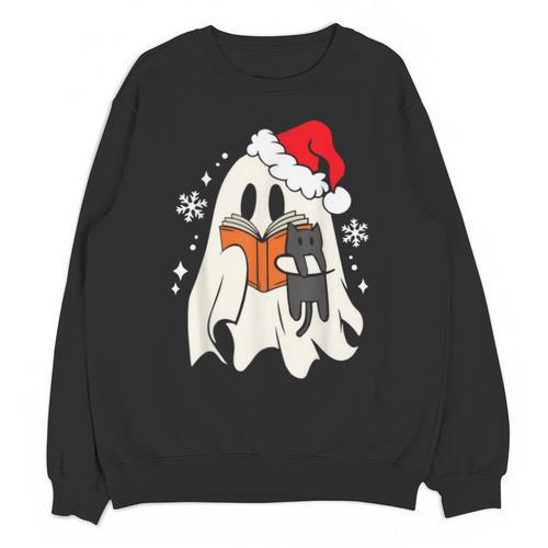 Retro Ghost Reading Book With Cat Bookish Club Christmas Men Women Kids Unisex Sweatshirt - Bookorys AU