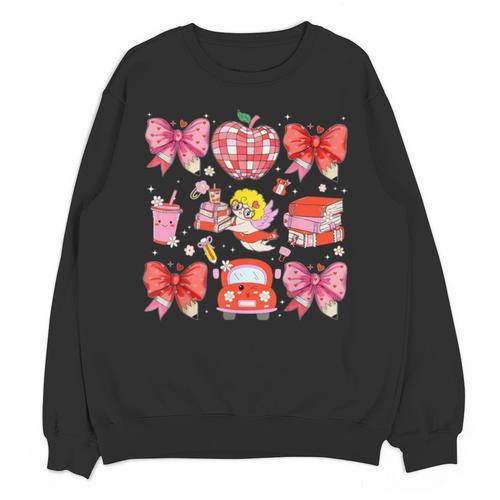 Valentine Cupid Coquette Pink Bow Apple Books Teacher Unisex Sweatshirt - Bookorys CA