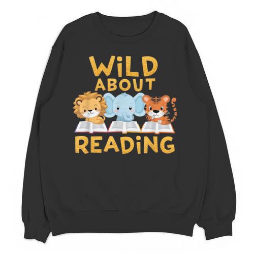 Wild About Reading Cute Animal Book Lover Kids Unisex Sweatshirt - Bookorys CA