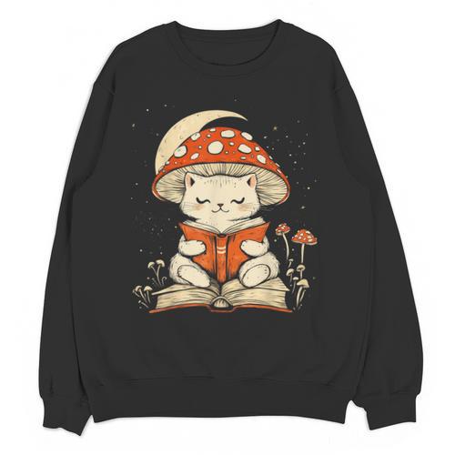 Women's Cottagecore Mushroom Cat Reading a Book Unisex Sweatshirt - Bookorys AU