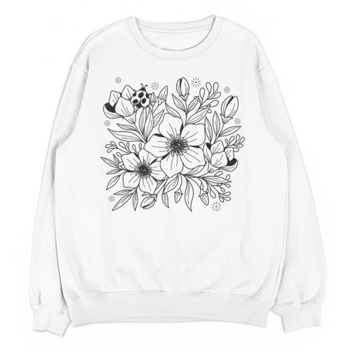 Adult Coloring Book Style Flowers And Ladybug Self Coloring Unisex Sweatshirt - Bookorys CA